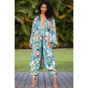 Beulah Style Floral Kimono Duster Green Boho Lightweight Layering Size Small